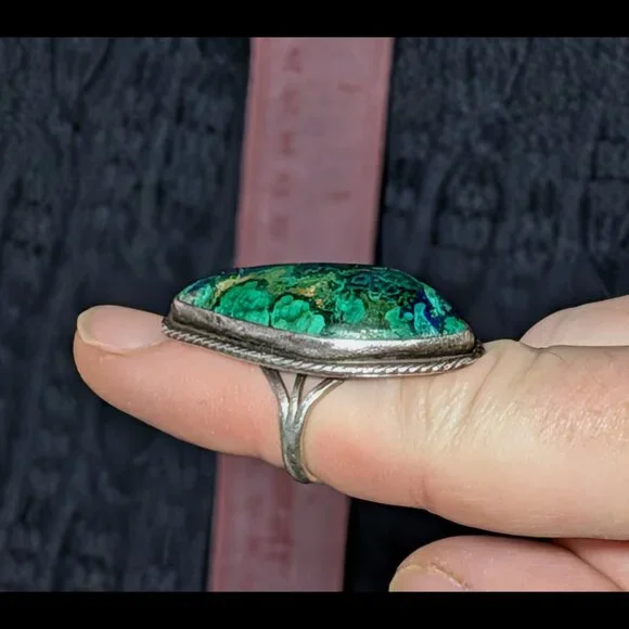 WOW Sz 7 NAVAJO Large Native American Azurite Malachite Sterling Silver Ring - Picture 3 of 5